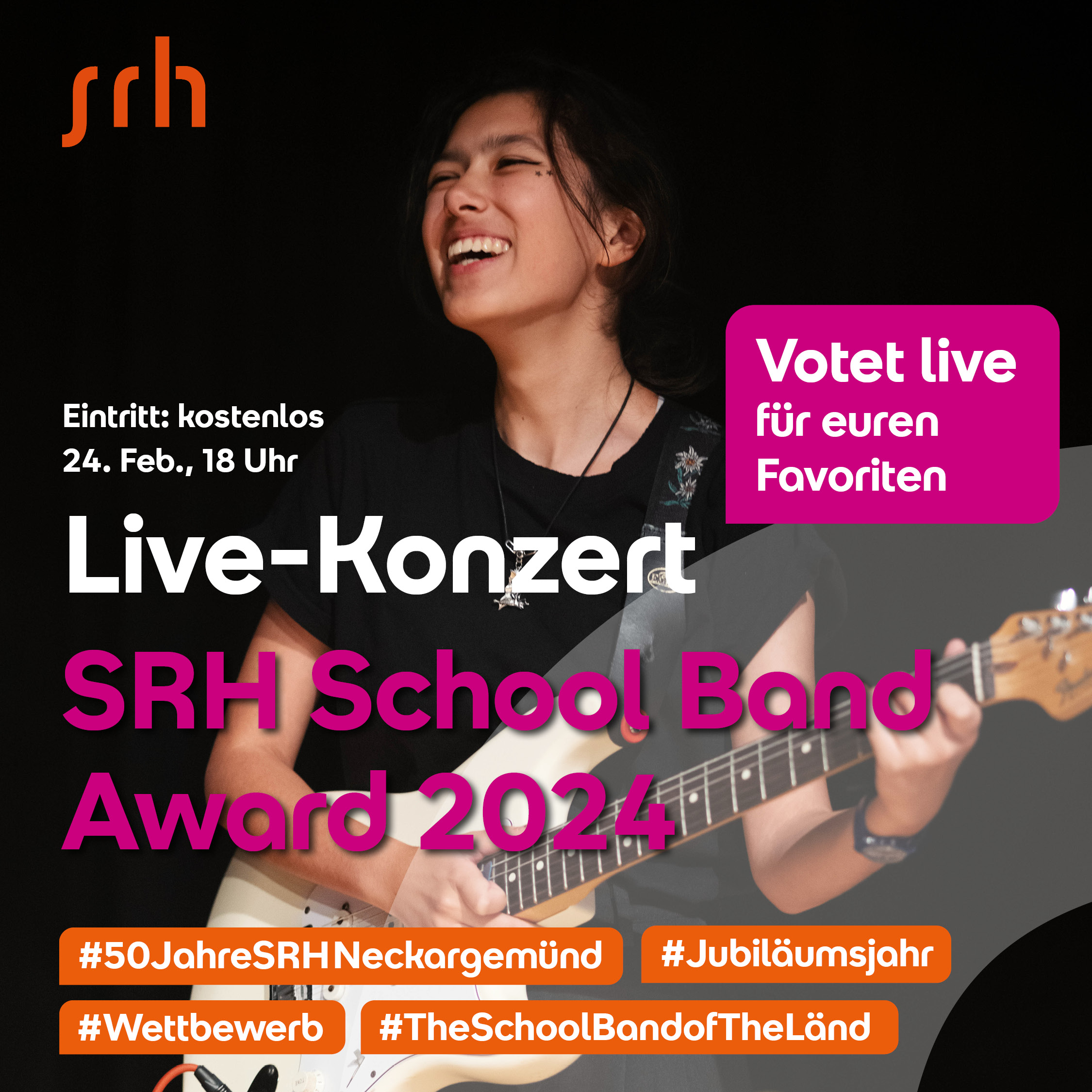 Ankündigung des Live-Konzertes am 24.02.2024 des SRH School Band Awards 2024; Schülerin mit E-Gitarre ist als Leitmotiv zu sehen.