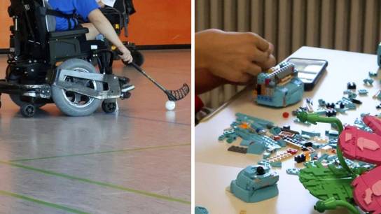 Die Bilder-Collage zeigt Momentaufnahmen des aktiven Sporttages an der SRH SHS zum Thema Bewegung, wie z. B. Rollstuhl Hockey, Tanz, Lego und Kunst.