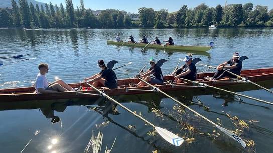 Ruderteam der SRH Schulen GmbH sitzt mit vier Ruderern und einem Steuermann im Ruderboot. Sie tragen Haifischflossen am Rücken.