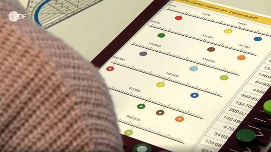 Person hält ein Blatt Papier mit farbigen Punkten und Zahlen.