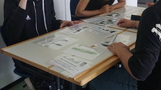 Schüler:innen sitzen am Tisch und spielen ein thematisch passendes Memory.
