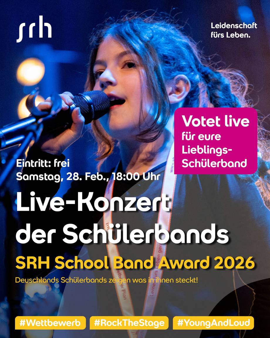 Werbung für das Abschlusskonzert am 28.02.2026 des SRH School Band Awards 2026; Teilnehmerin des Live-Konzertes 2024 singt in ein Mikrofon