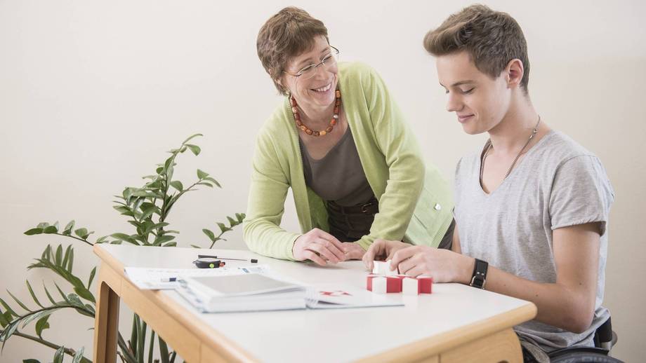 Schüler und Psychologin befinden sich im angenehmen Gespräch.