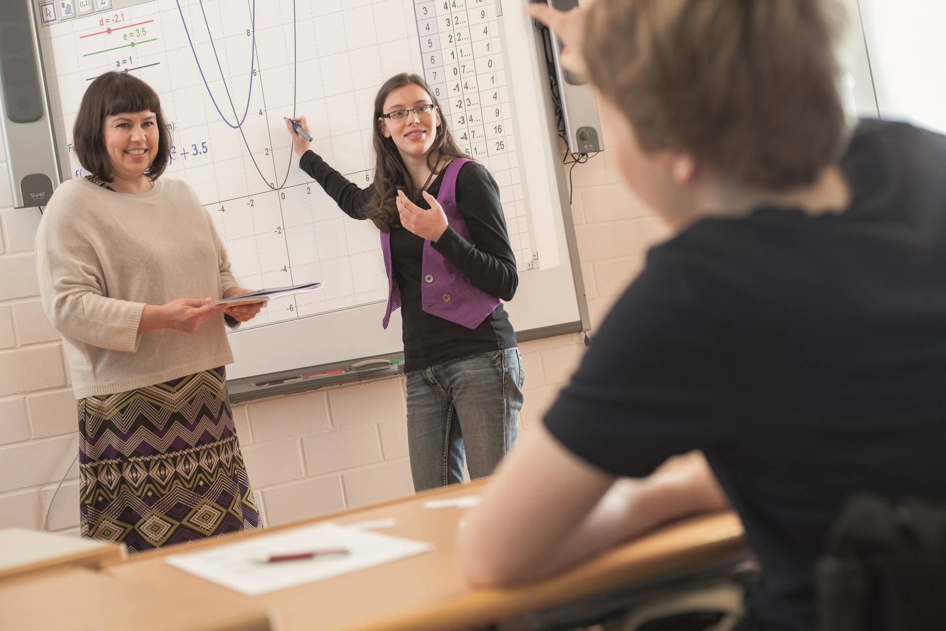 Schülerin und Lehrerin stehen vor der Klasse und erklären ein digitales Schaubild.