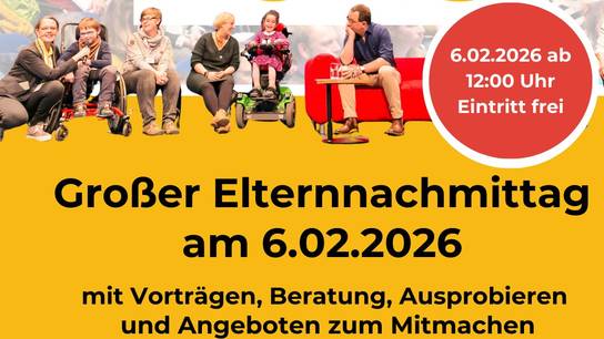 Einladungsflyer zeigt relevante Informationen zum Elternnachmittag im Rahmen des Focus CP rehaKIND Kongresses in Dortmund.