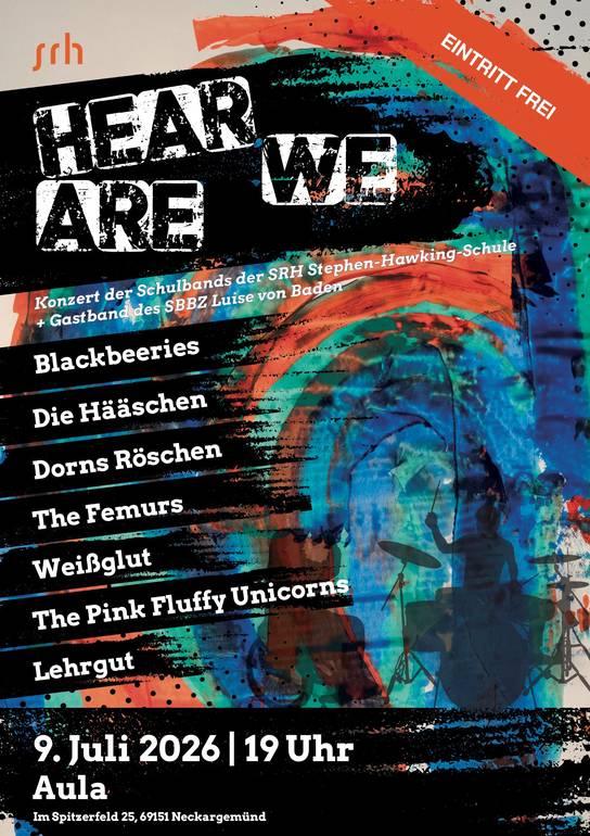 Abstraktes Bild mit Orange-, Blau- und Grüntönen zeigt Umrisse eines Schlagzeugers sowie die Bandnamen.