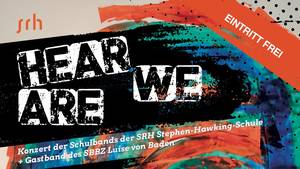 Abstraktes Bild mit Orange-, Blau- und Grüntönen zeigt Umrisse eines Schlagzeugers sowie die Bandnamen.